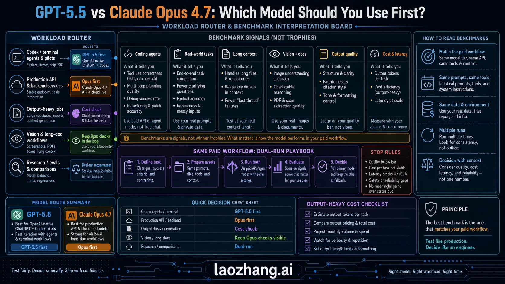 Workload router mapping GPT-5.5 and Claude Opus 4.7 benchmark evidence to Codex testing, production API work, and output-heavy tasks