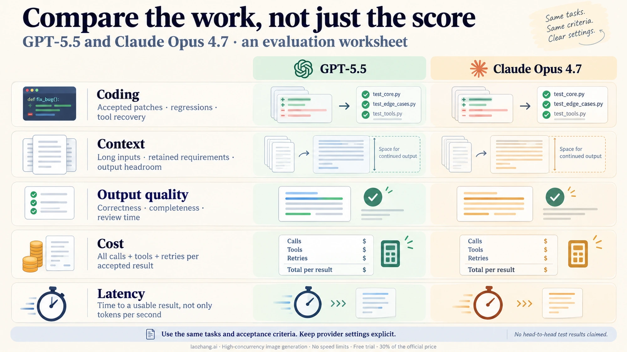 Workload comparison board covering coding, context, output quality, cost, and latency