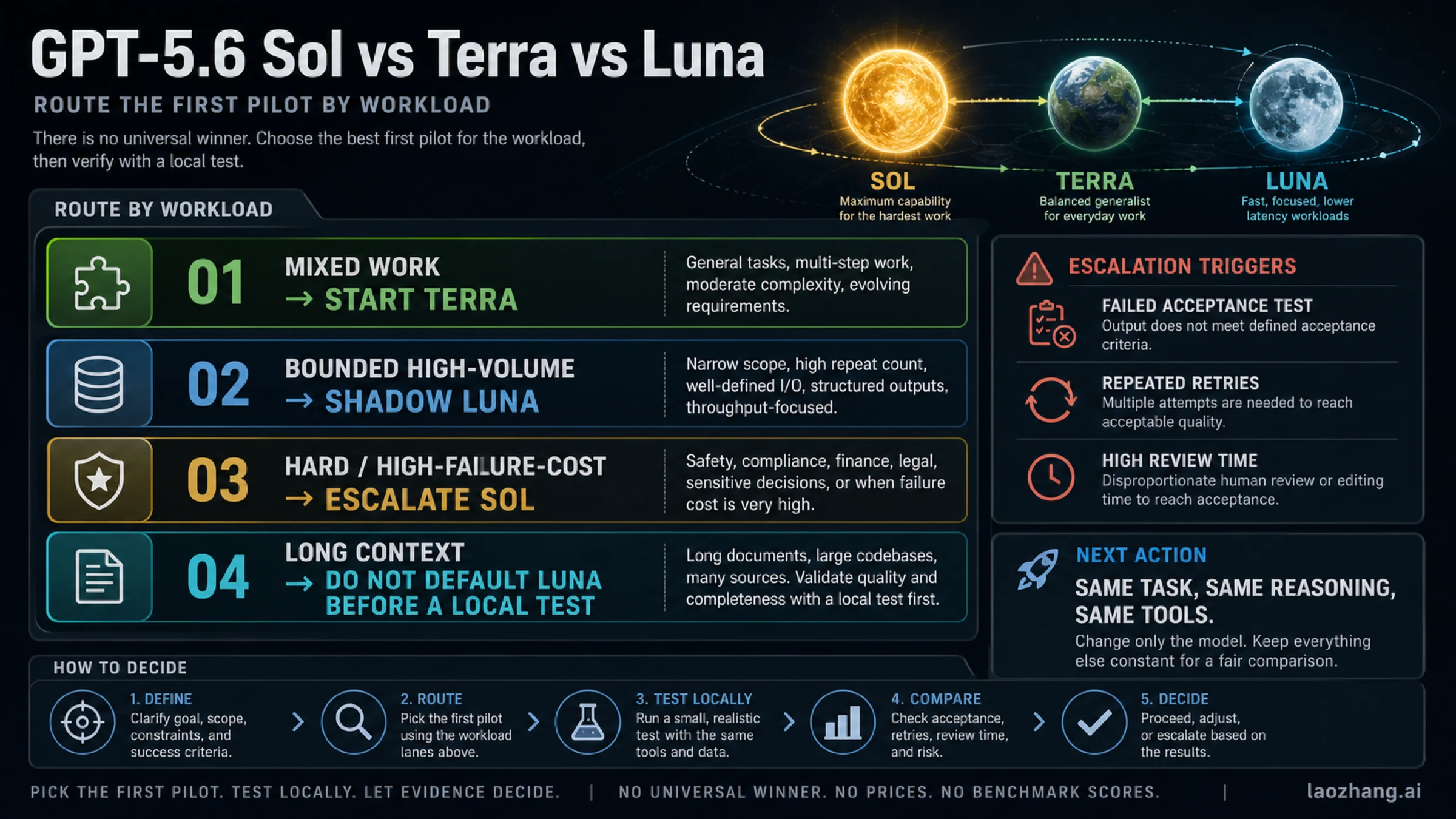 Workload route board for choosing GPT-5.6 Terra, Luna, or Sol