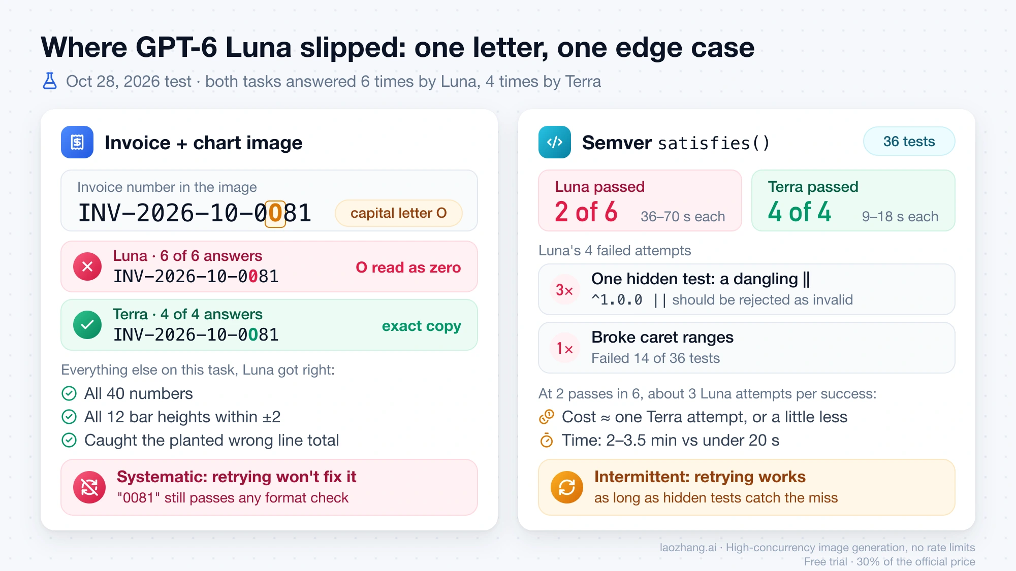 GPT-6 Luna read the invoice number INV-2026-10-0O81 as 0081 in all 6 answers while Terra copied it exactly in 4 of 4, and on the semver task Luna passed 2 of 6 attempts against Terra's 4 of 4