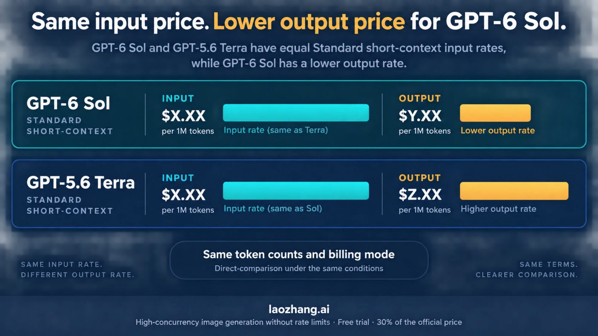 Illustration comparing equal Standard short-context input rates for GPT-6 Sol and GPT-5.6 Terra with Sol's lower output rate