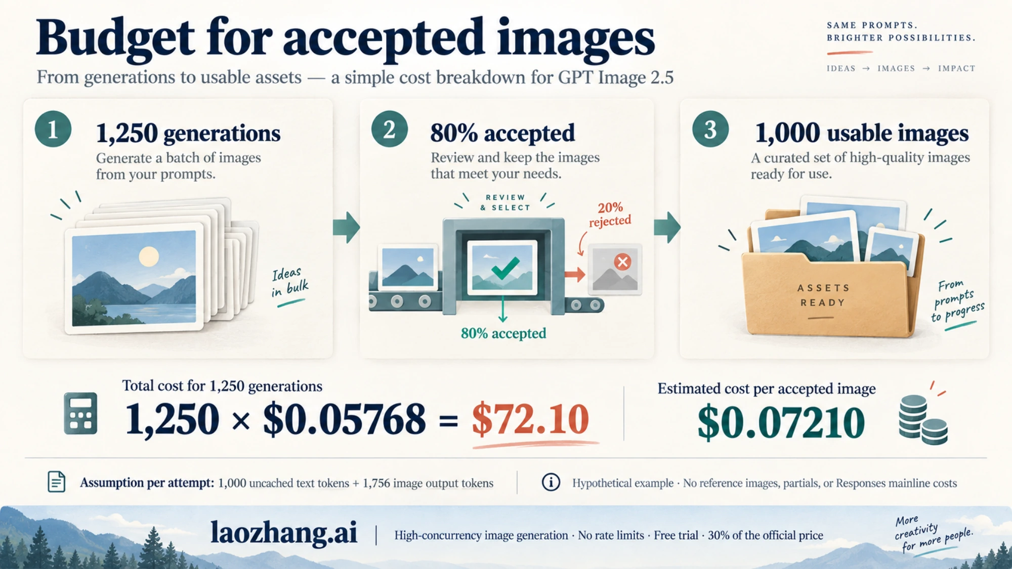 Hypothetical budget showing 1,250 generations at an 80% acceptance rate delivering 1,000 usable images for $72.10