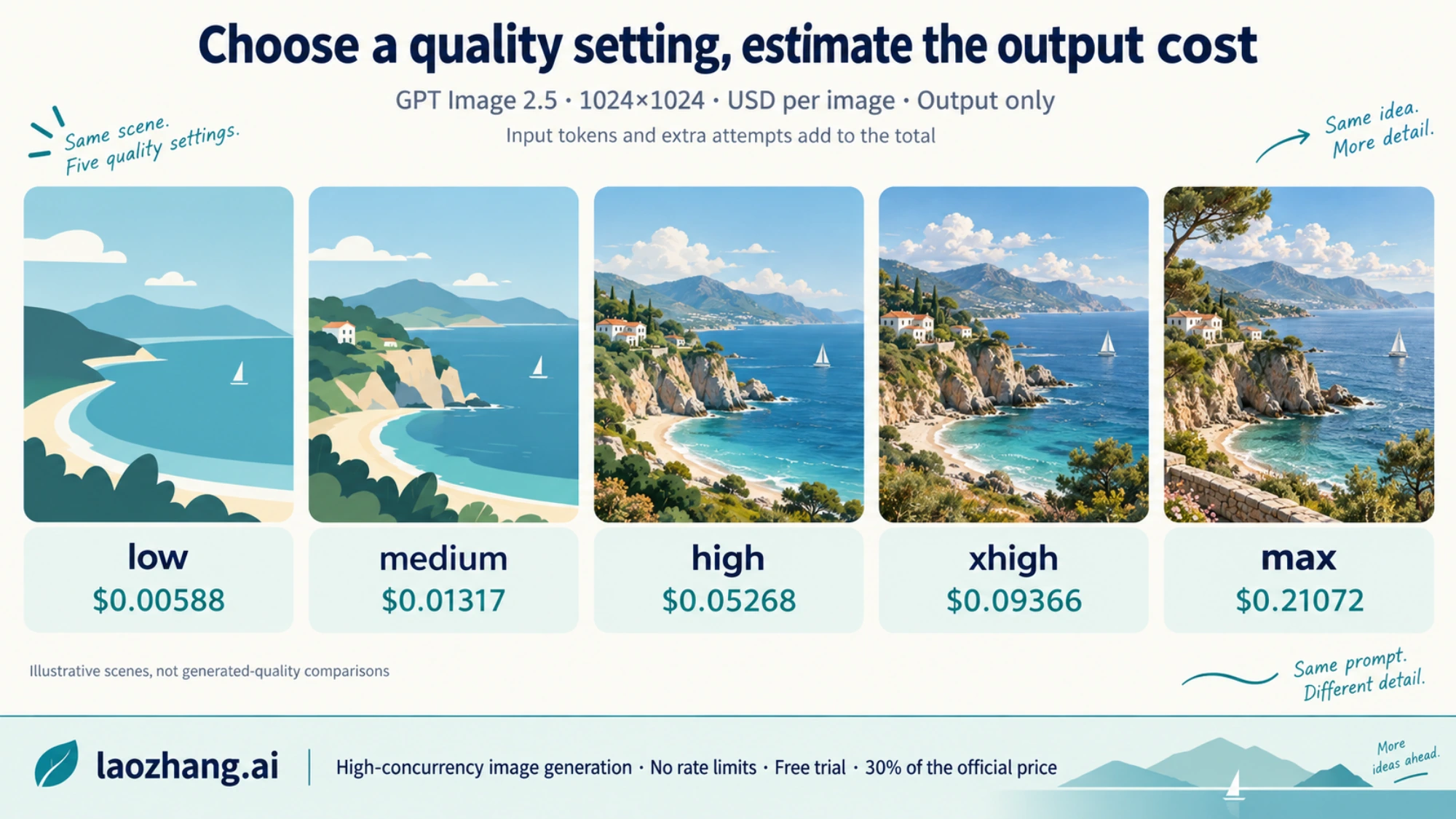 Illustration of the five GPT Image 2.5 quality settings and their square-image output cost estimates, not a visual quality benchmark