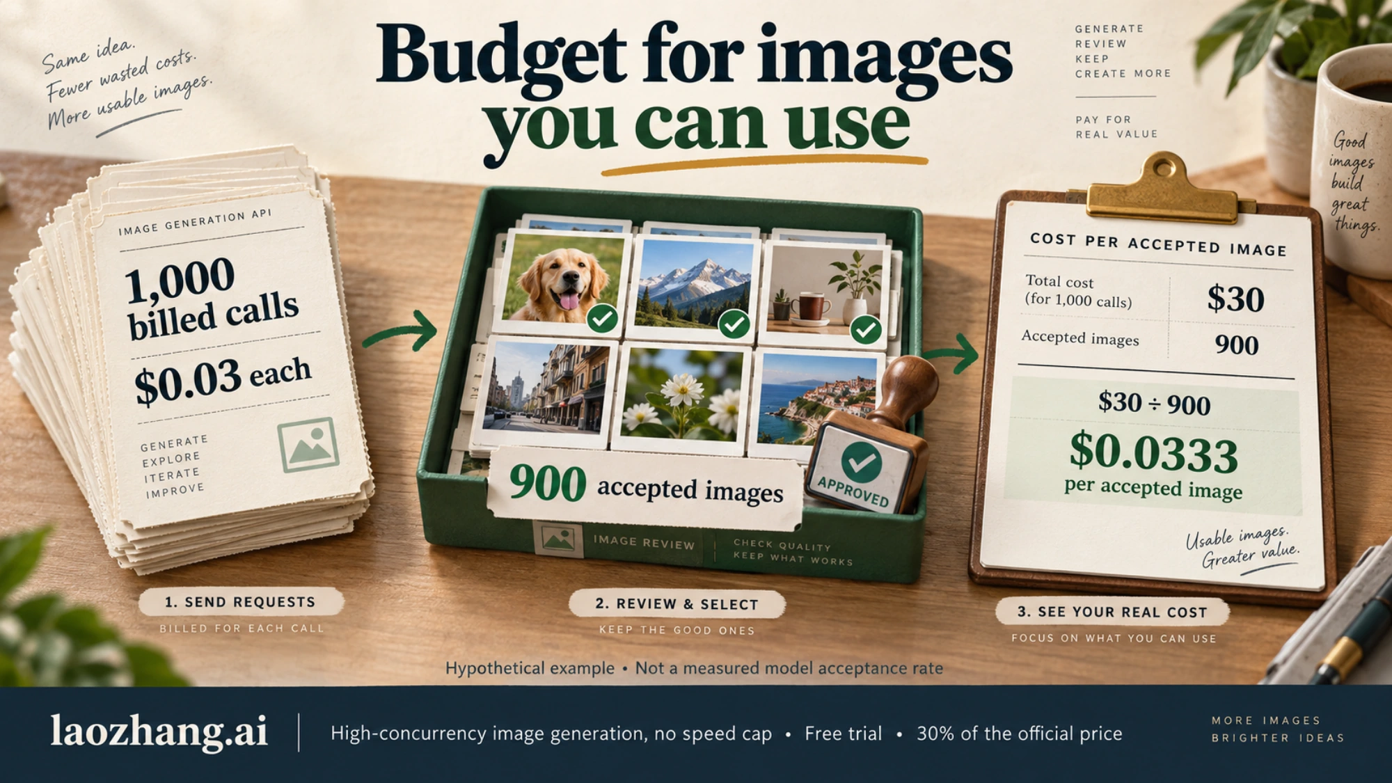 Hypothetical calculation showing 1,000 billed calls, 900 accepted images, and cost per accepted image