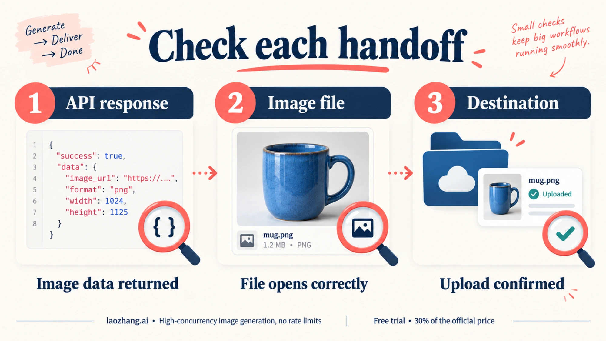 Three checks for image delivery: returned image data, an opening image file, and confirmed destination upload