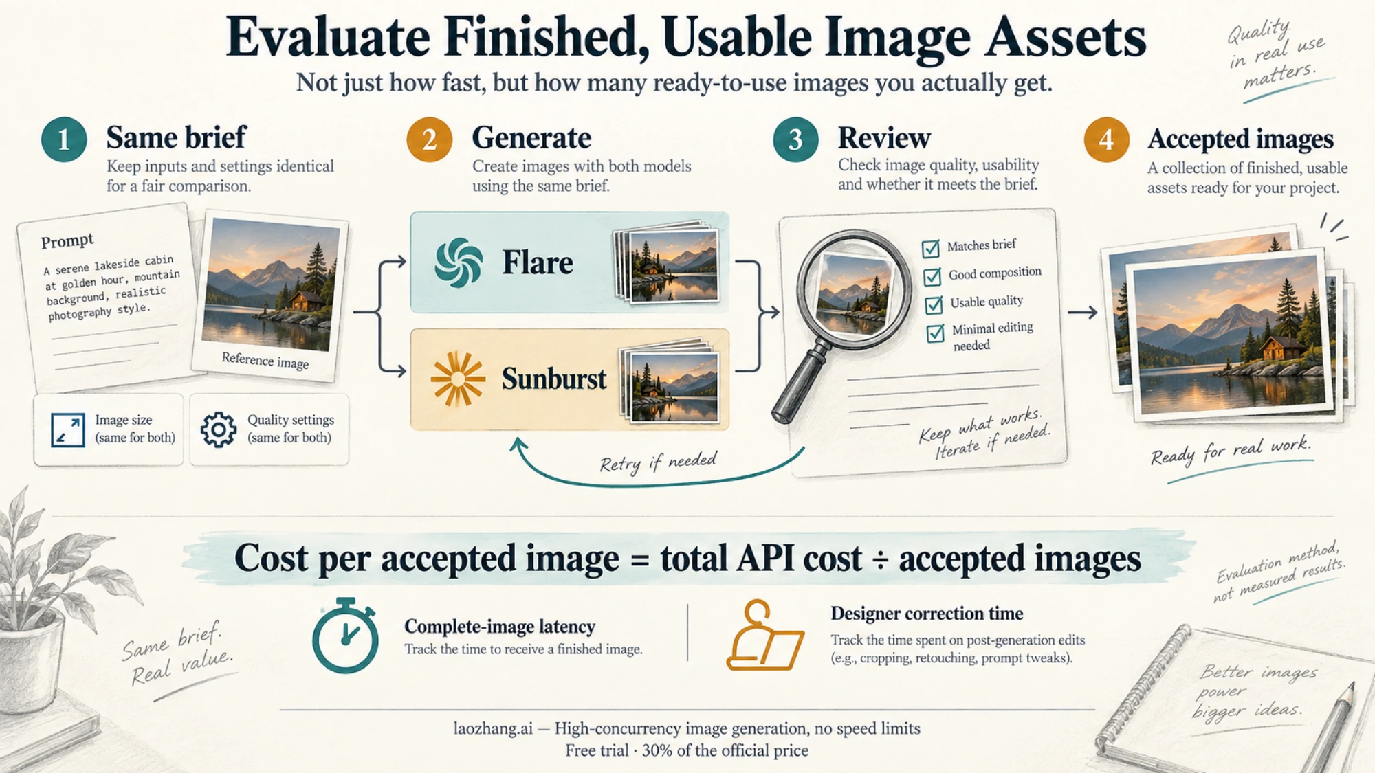 Conceptual workflow comparing the same brief in Flare and Sunburst, reviewing results, and calculating cost per accepted image