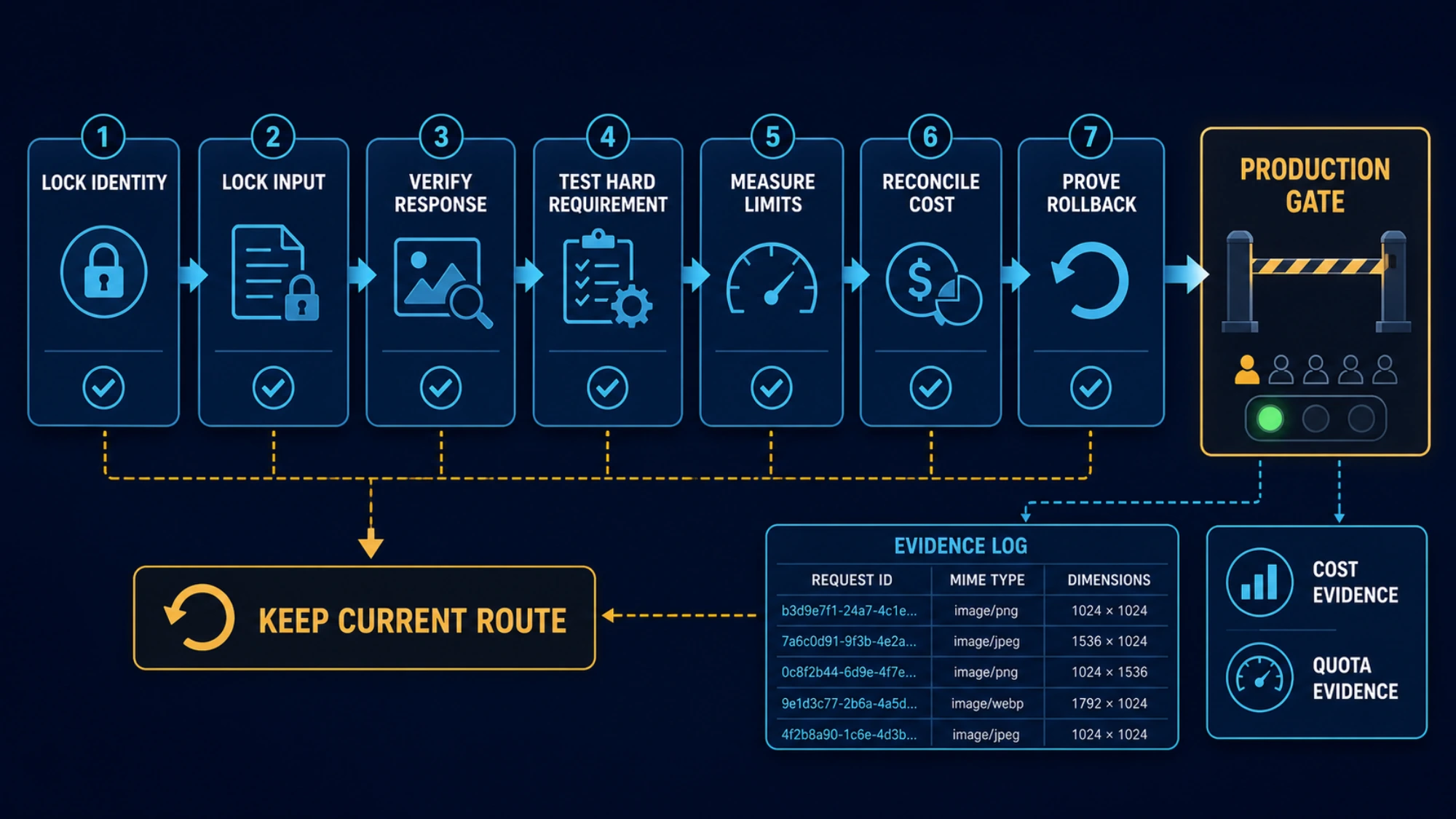Migration proof sheet for verifying identity, output, limits, cost, and rollback