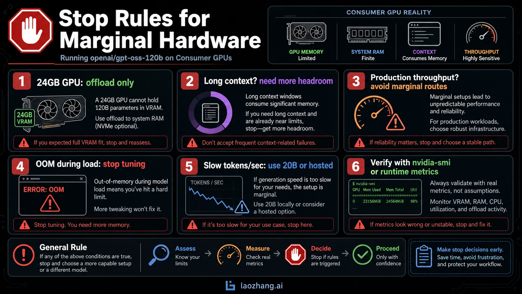 Stop rules for marginal hardware trying to run GPT-OSS 120B