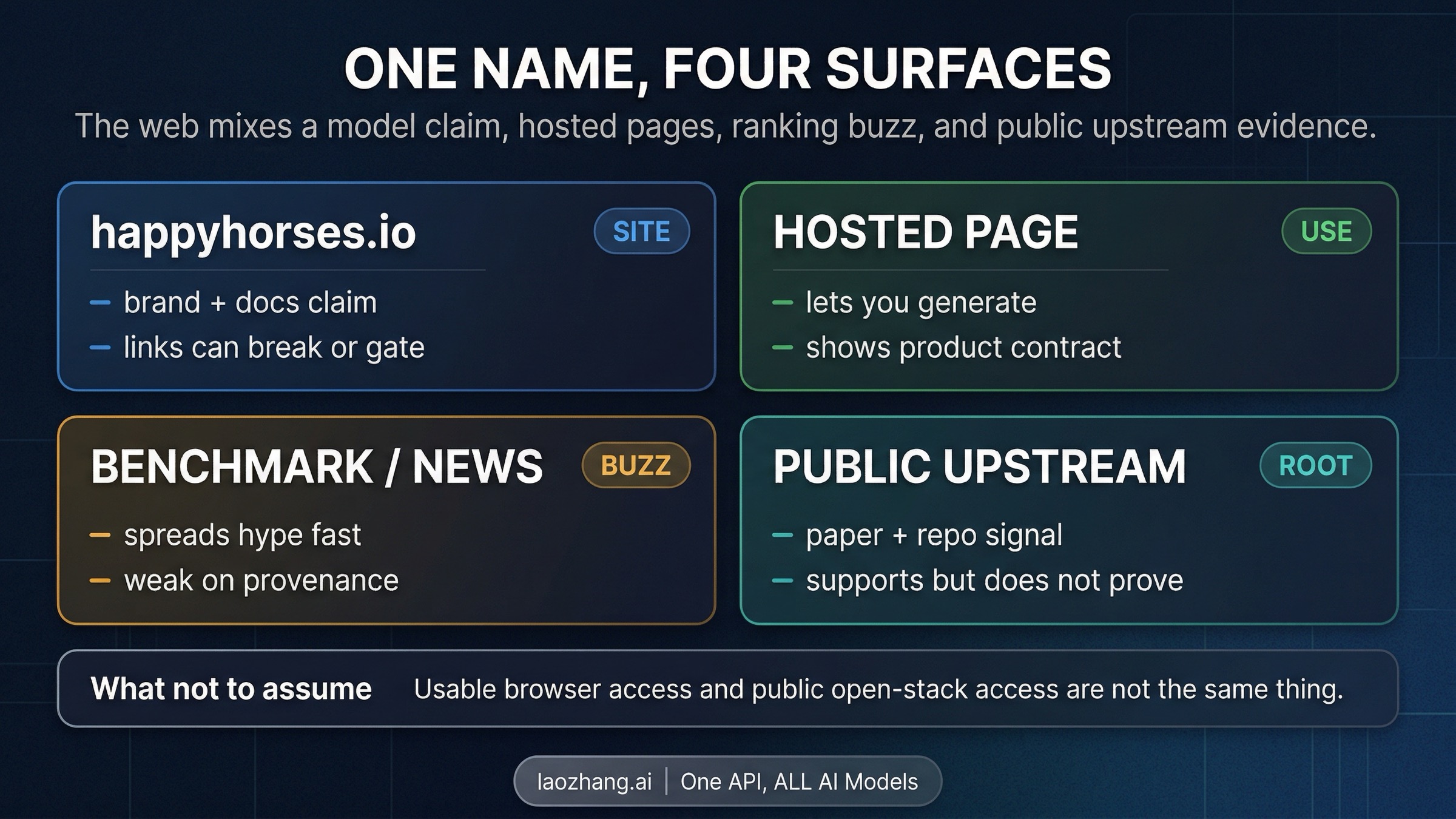 Happy Horse surface map showing branded site, hosted pages, benchmark buzz, and public upstream evidence