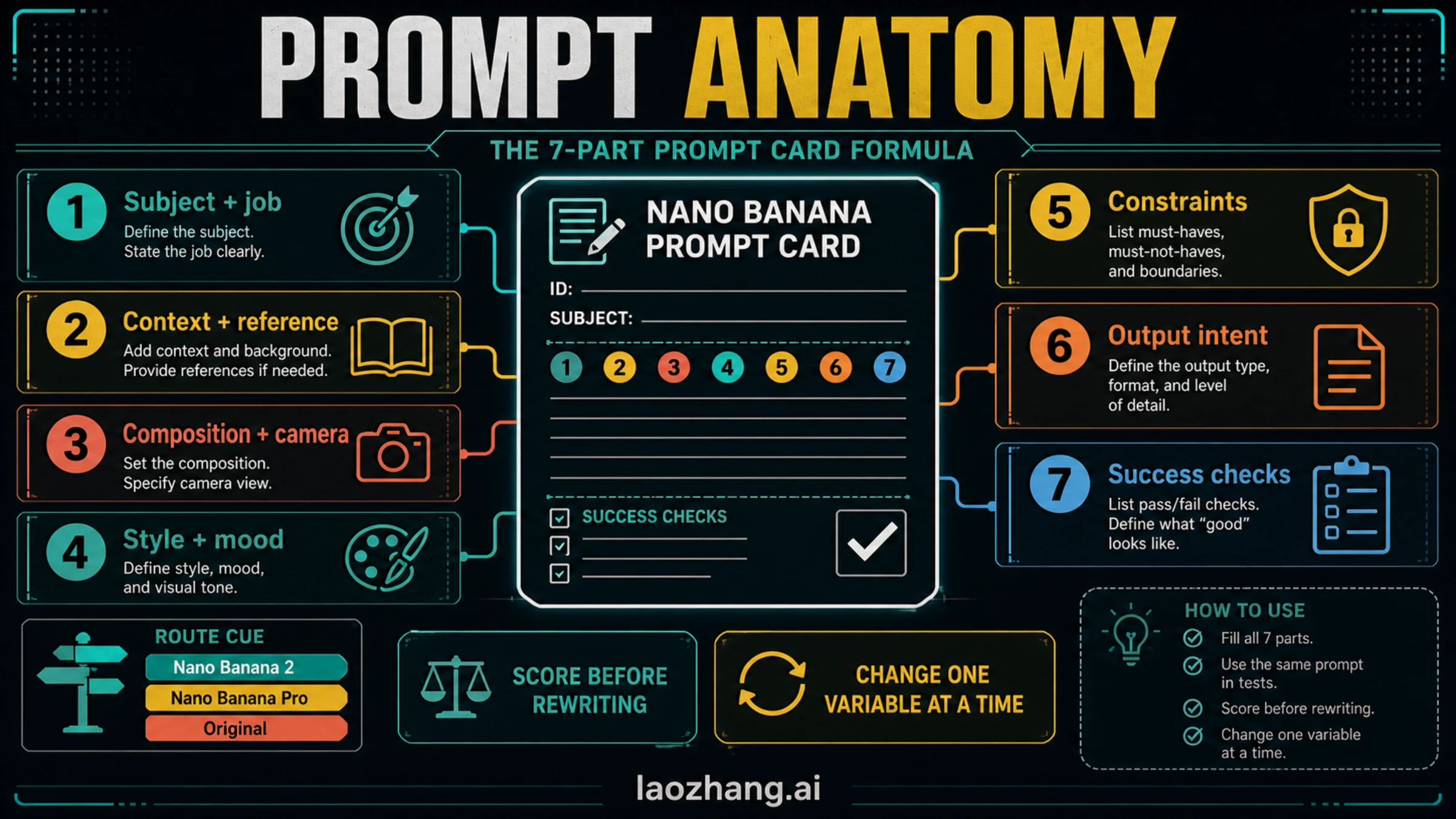 Prompt anatomy board showing the seven parts of a Nano Banana prompt card
