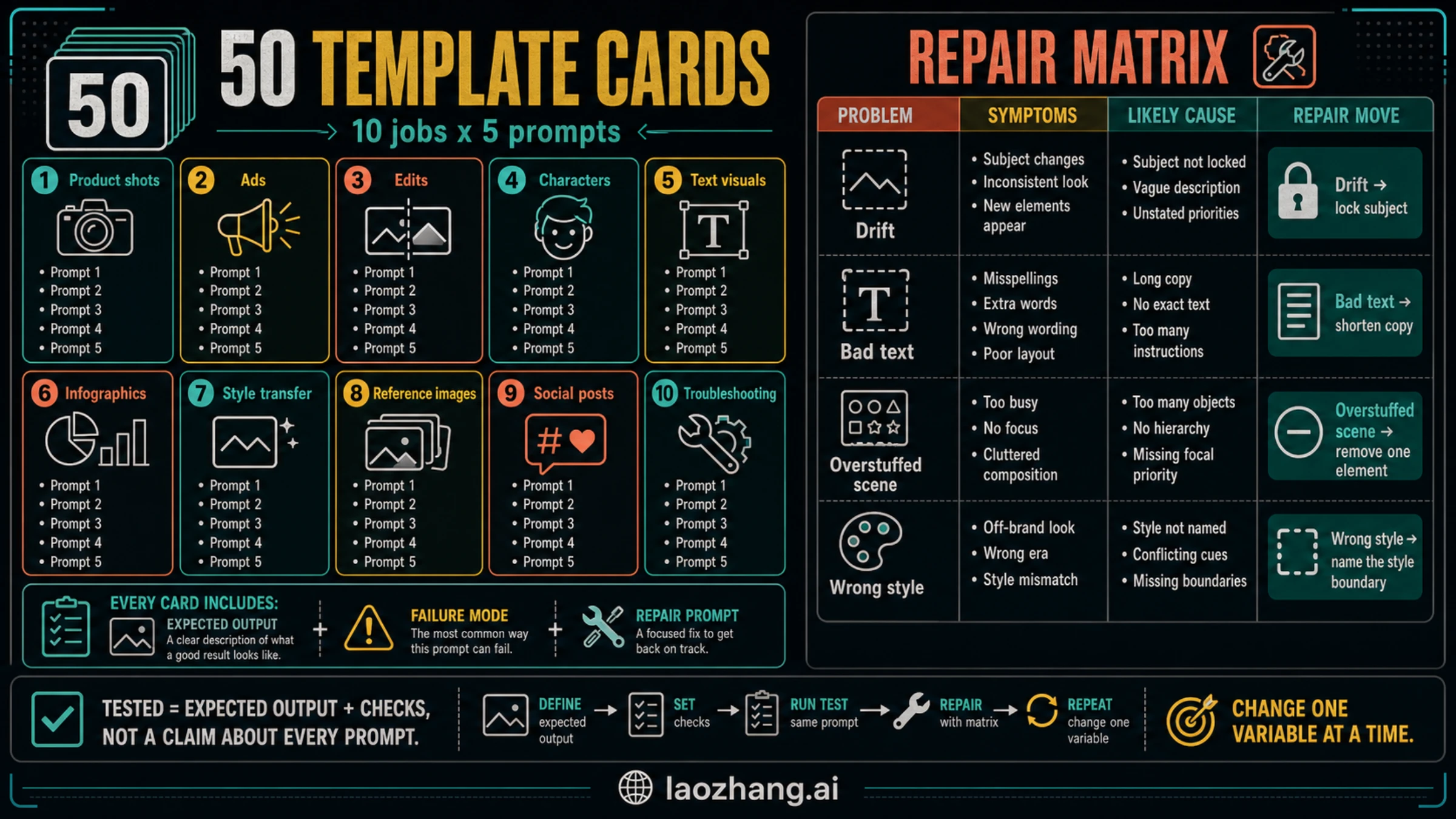 Template category and repair matrix for 50 Nano Banana prompt cards