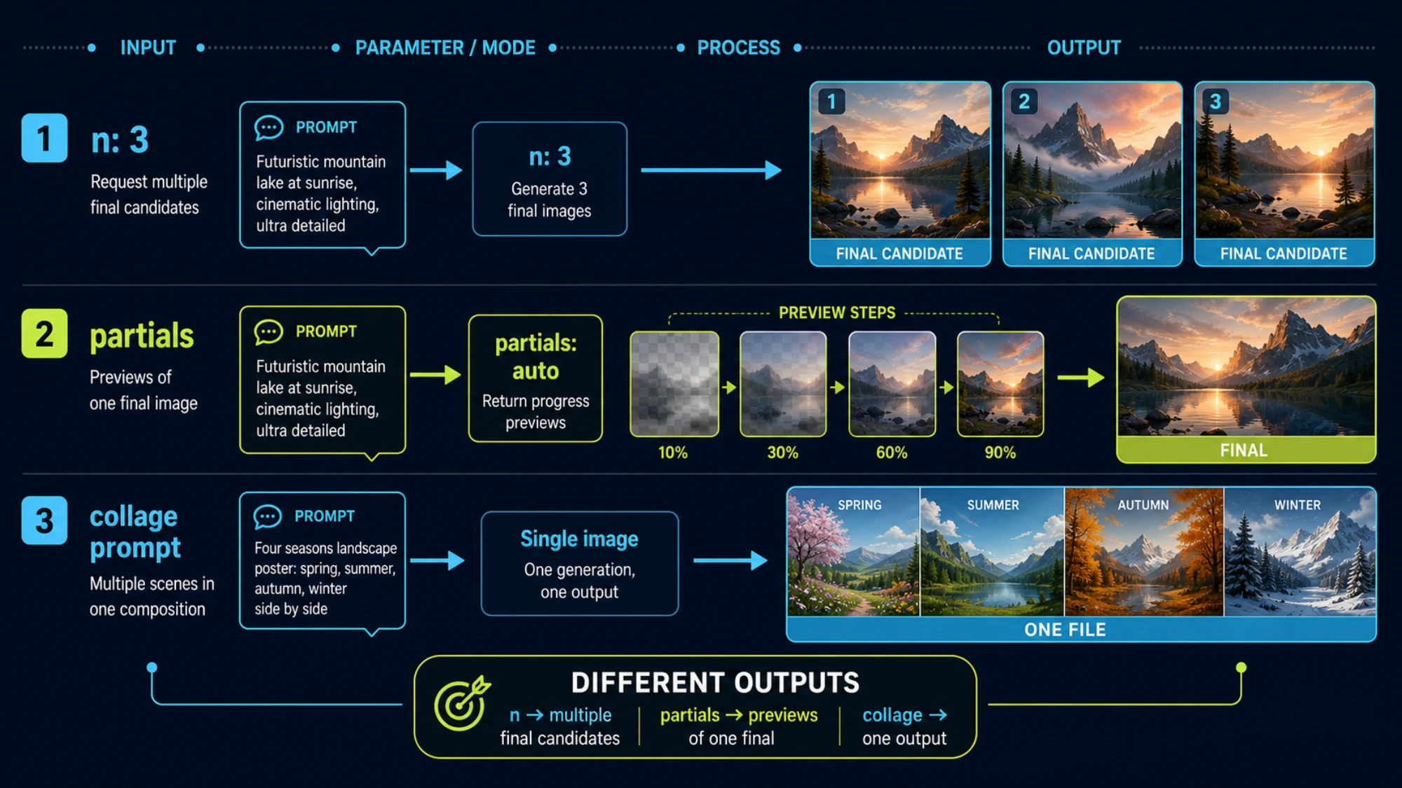 One prompt can produce multiple final candidates, while streaming previews and a collage mean different things