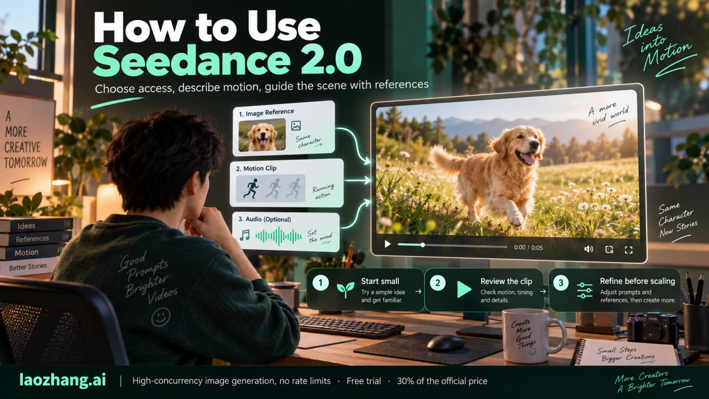 Use Seedance2.0 with motion descriptions, image references, video guidance and audio