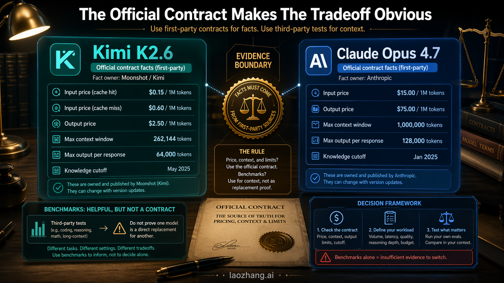 Official contract table visual for Kimi K2.6 versus Claude Opus 4.7