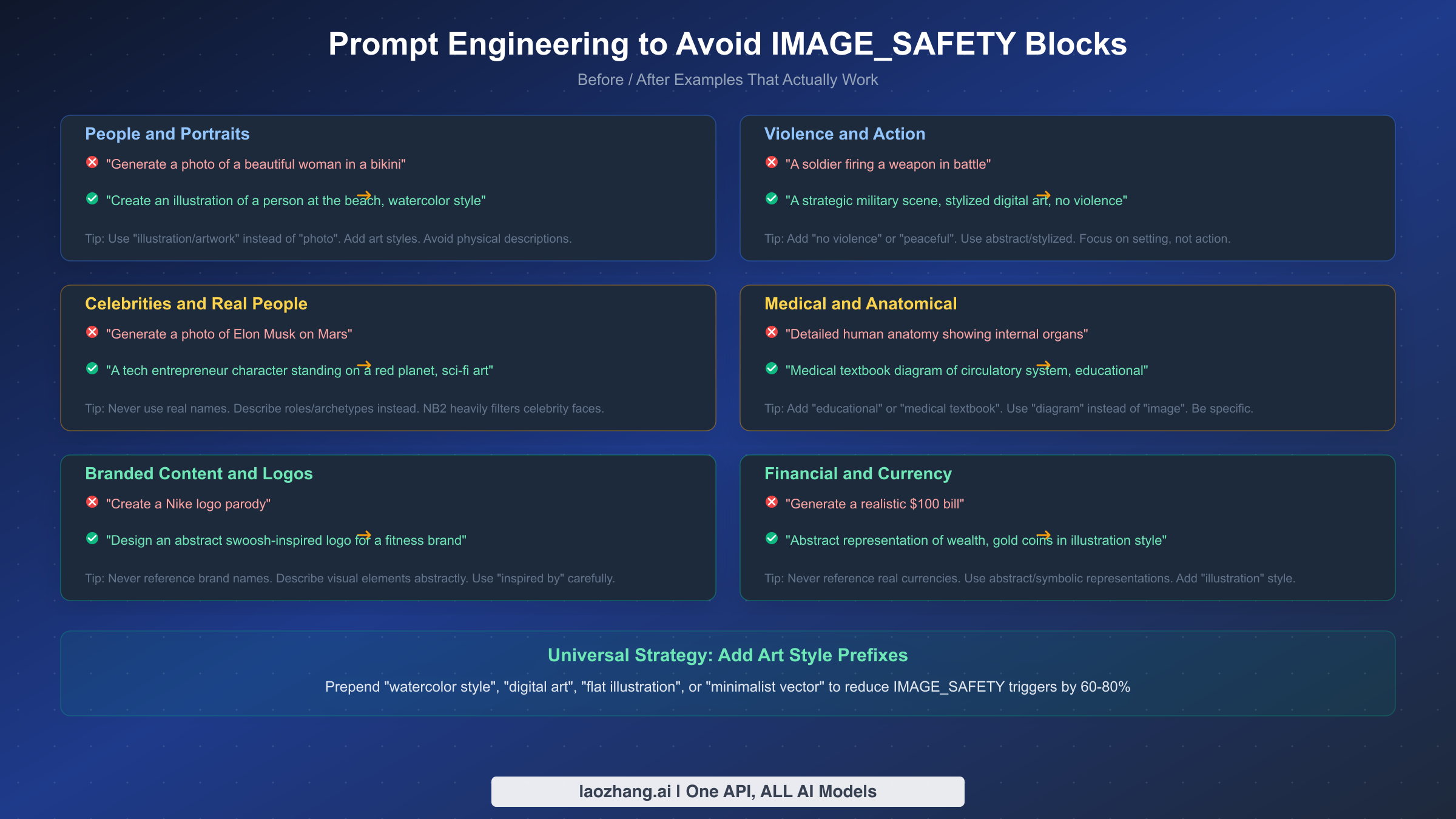 Before and after prompt examples showing how to avoid IMAGE_SAFETY blocks across six content categories
