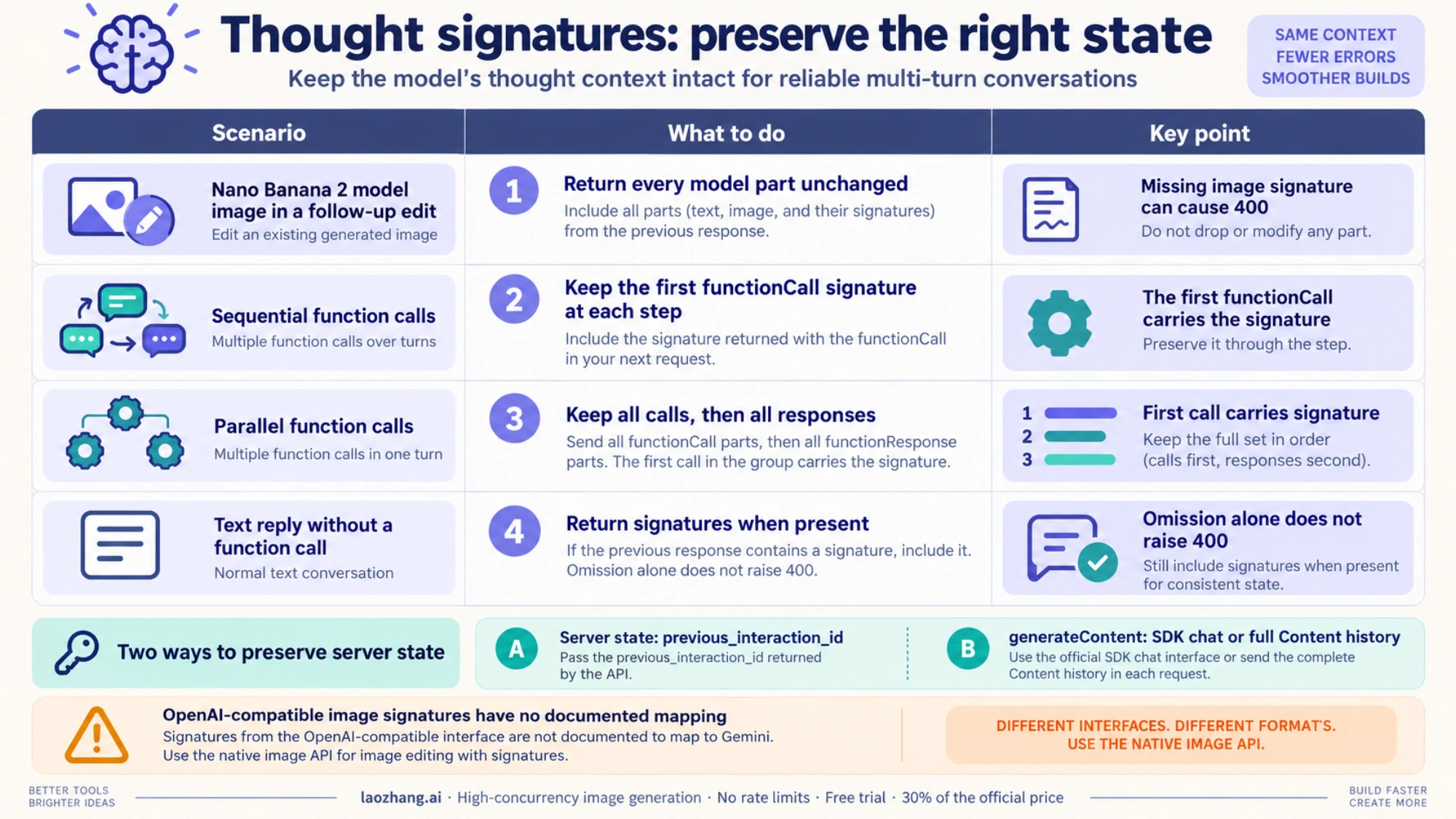 Thought signature handling across follow-up image edits, sequential and parallel function calls, and text replies
