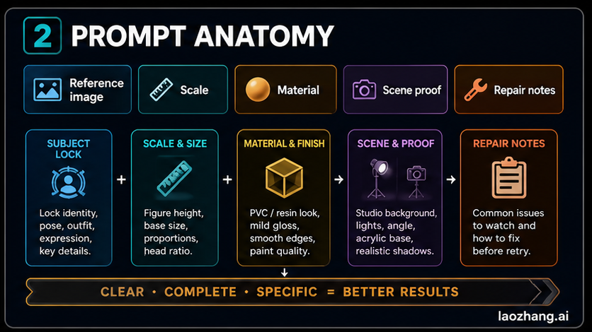Prompt anatomy board showing reference image, scale, material, scene proof, and repair notes