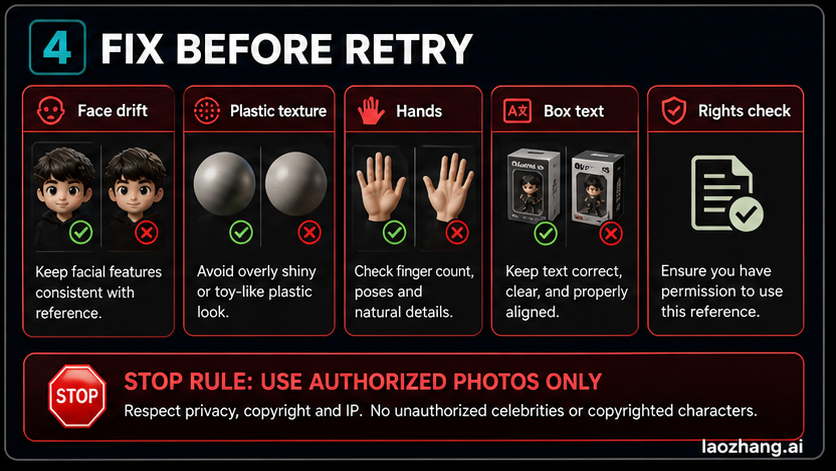 Repair checklist board showing face drift, plastic texture, hands, box text, and rights checks before retrying