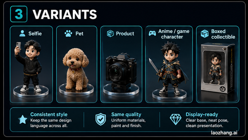 Variant matrix showing selfie, pet, product, anime or game character, and boxed collectible prompt directions
