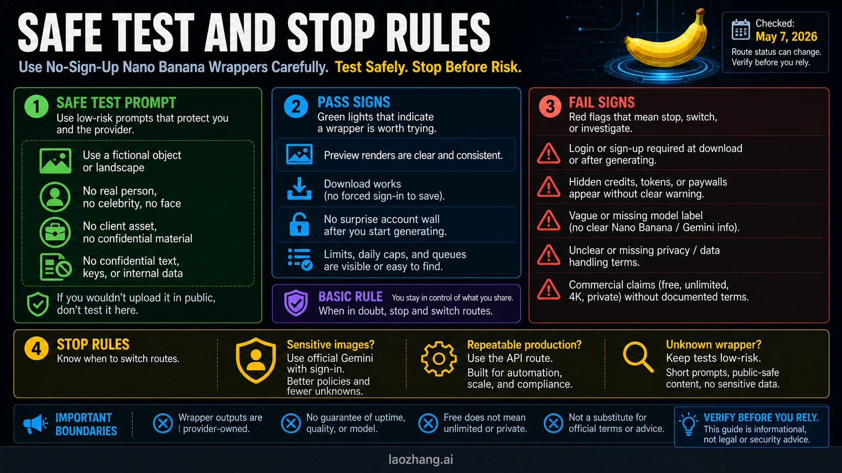 Safe prompt and stop-rule checklist for testing no-sign-up Nano Banana wrappers