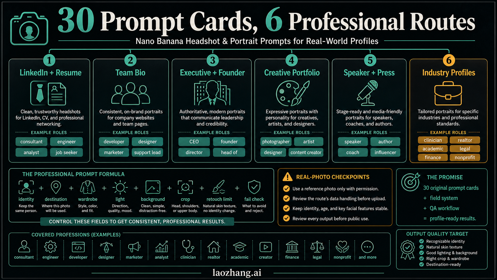 Prompt library map grouping 30 Nano Banana headshot prompt cards into six professional routes