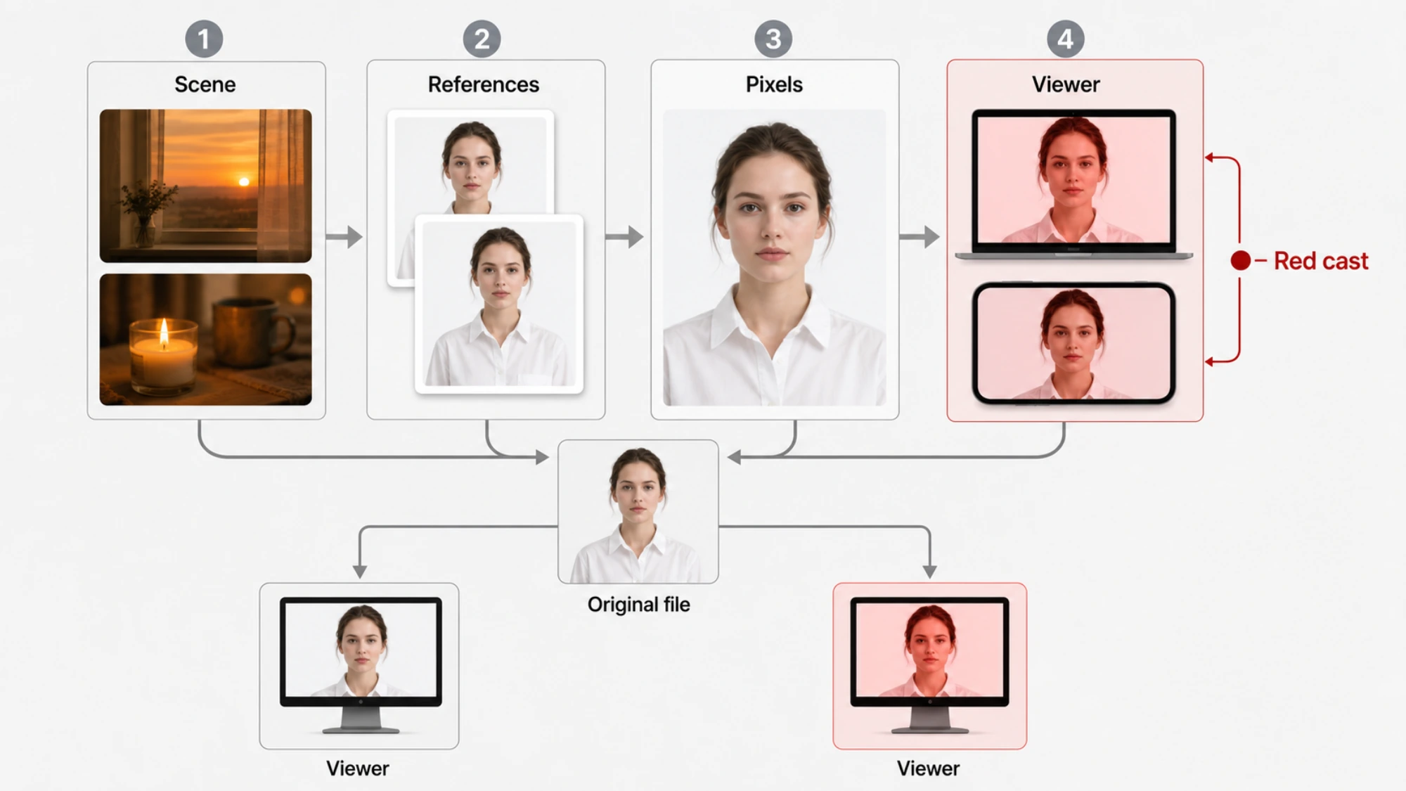 Four-layer diagnostic for a Nano Banana red tint: scene, references, generated pixels, and viewer profile