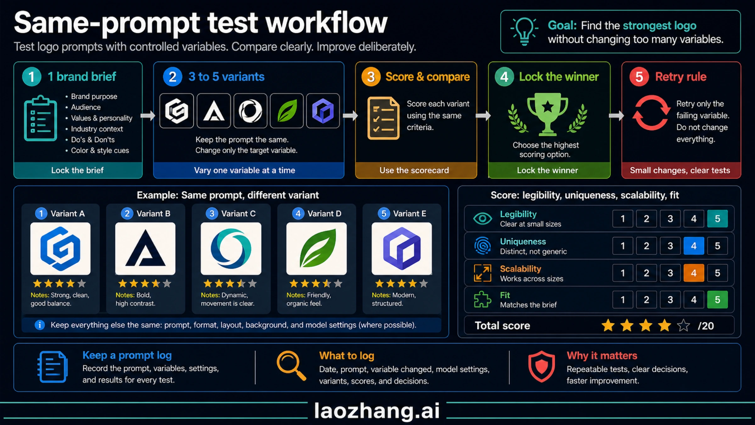 Same-prompt test workflow for logo prompts