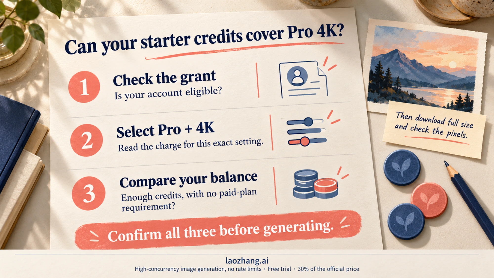 Illustrated checklist for account eligibility, the exact Pro 4K credit charge, and sufficient starter balance before generating