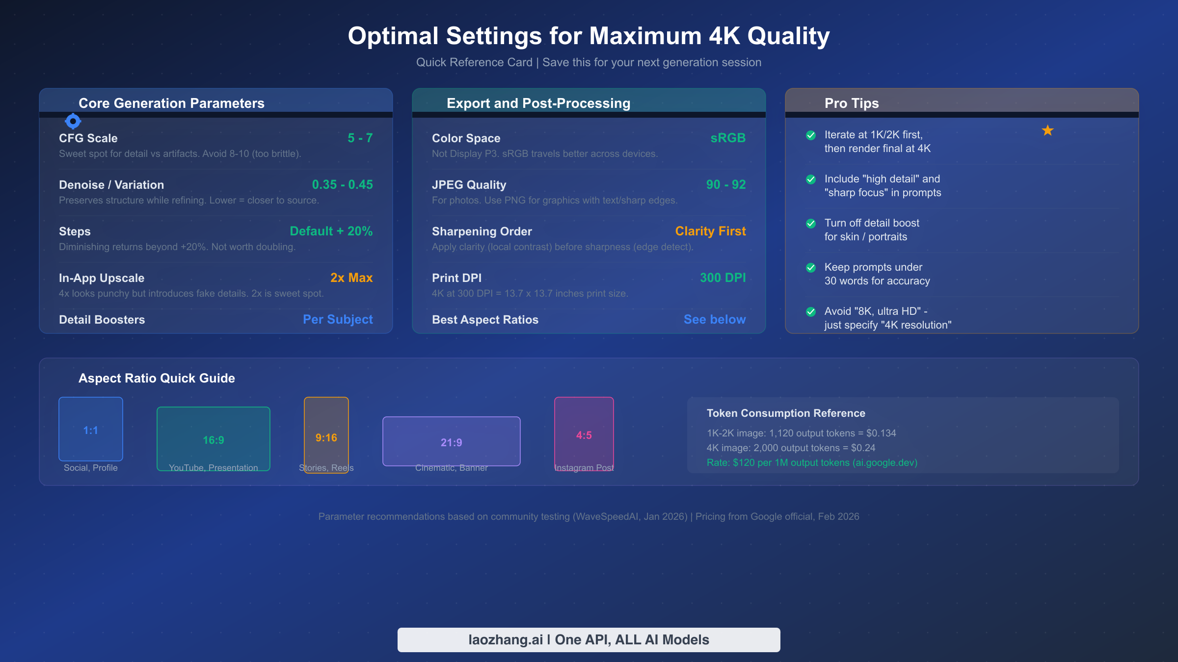 Settings reference card showing core parameters, export settings, and pro tips for Nano Banana Pro 4K image generation