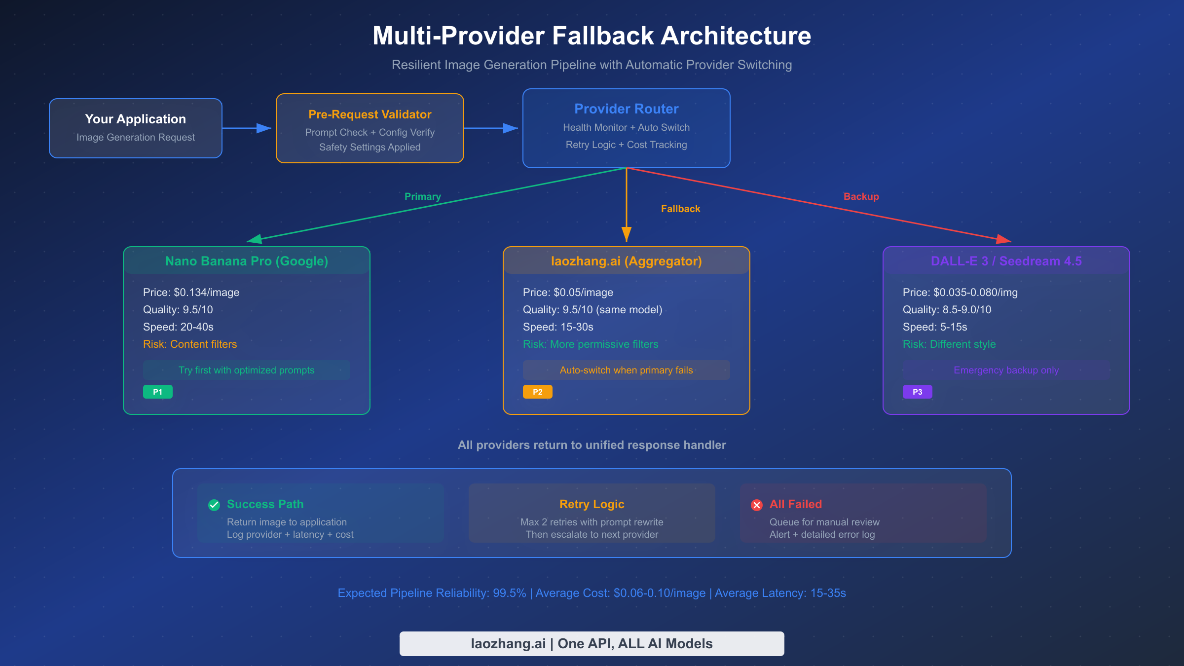 Architecture diagram showing multi-provider fallback pipeline with primary, fallback, and backup providers