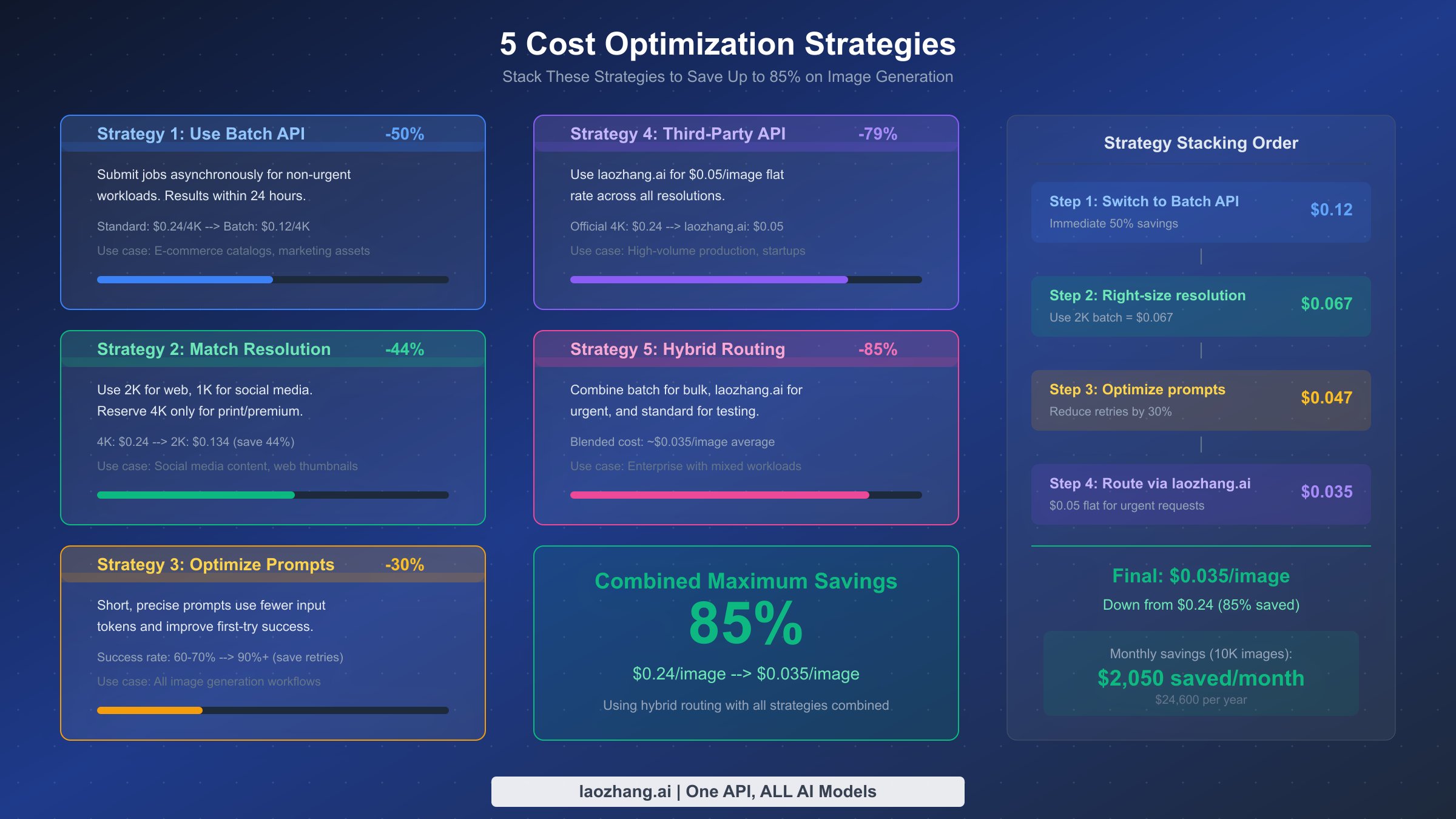 Five cost optimization strategies for Nano Banana Pro showing savings from 30% to 85% when stacked together