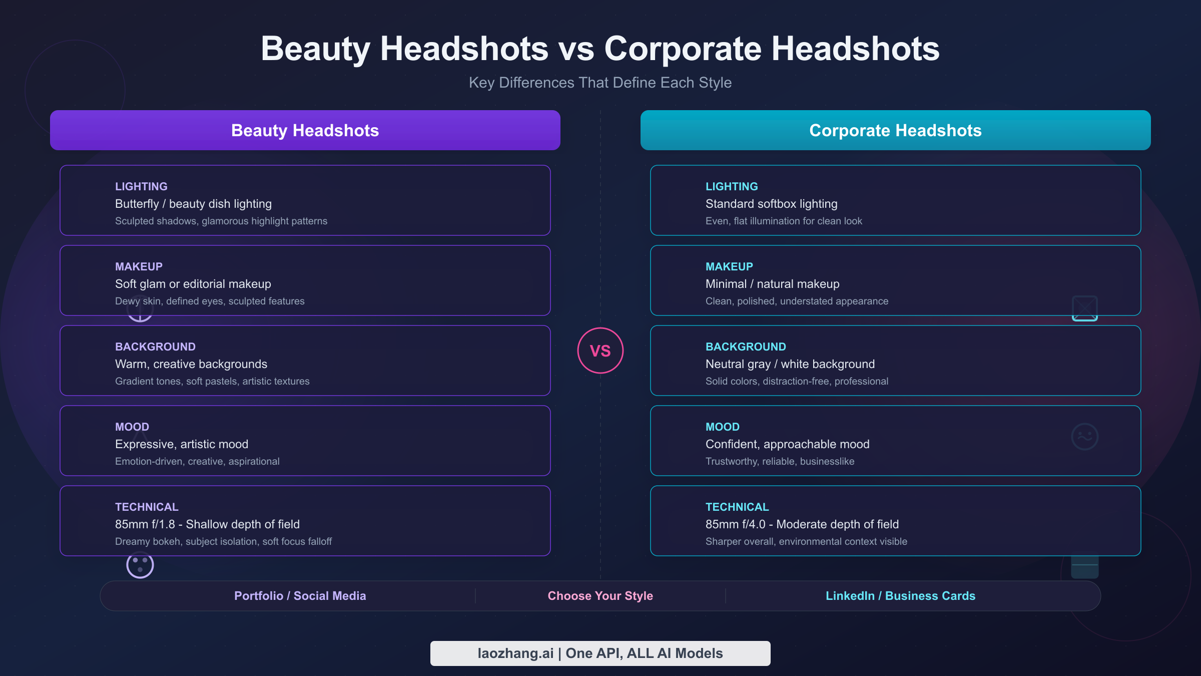 Side-by-side comparison of beauty headshot lighting makeup and mood versus corporate headshot style