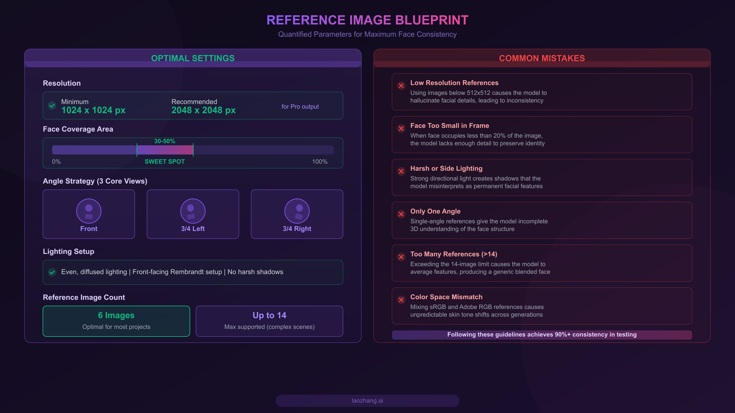 Reference image blueprint showing optimal settings and common mistakes for Nano Banana Pro face consistency