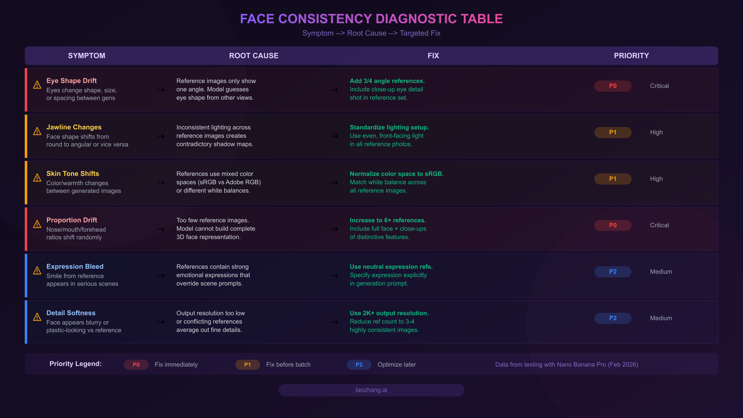 Diagnostic troubleshooting table mapping symptoms to root causes and targeted fixes