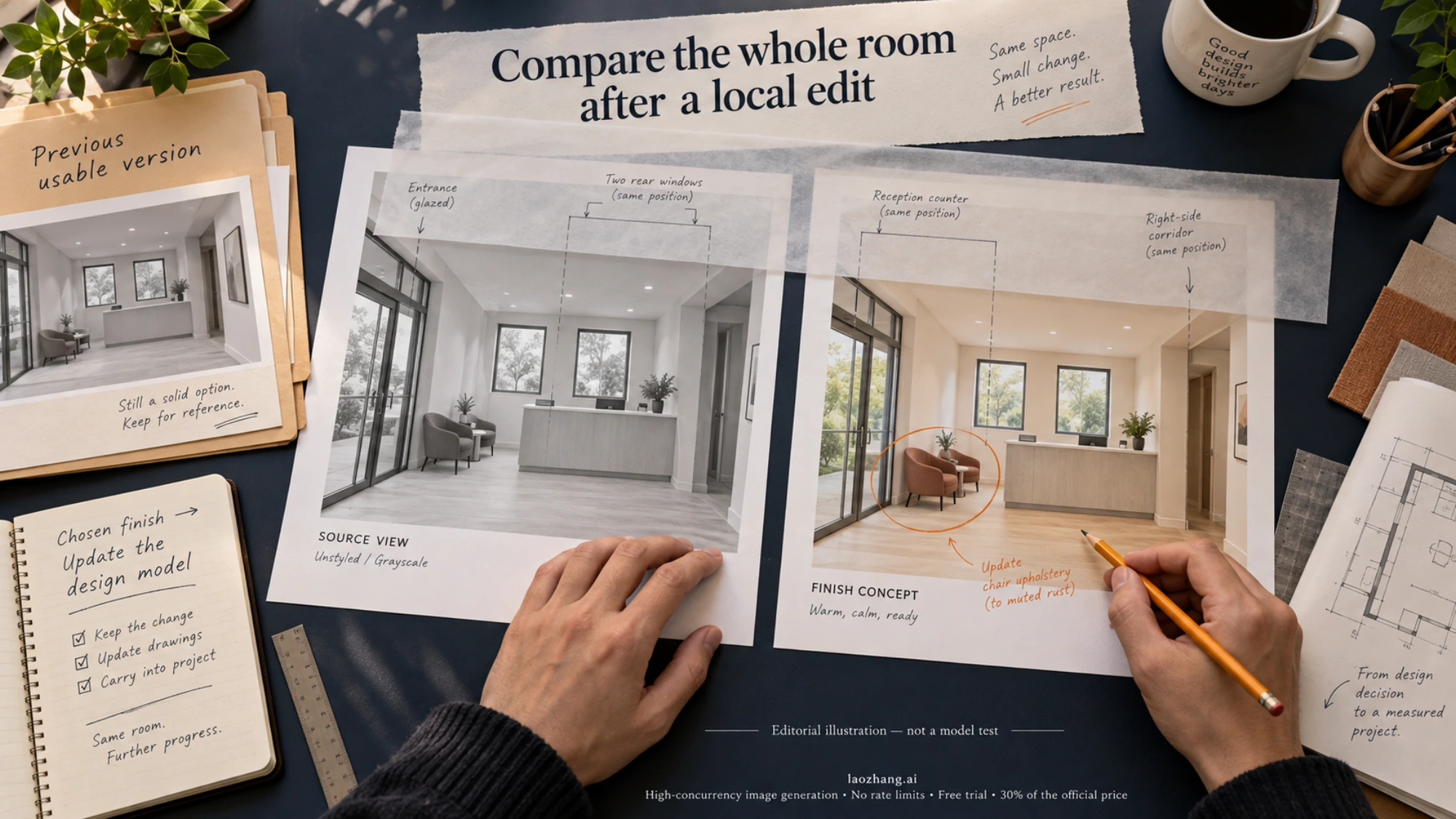 Editorial illustration of a designer comparing a source view and a reception concept while retaining the previous usable version