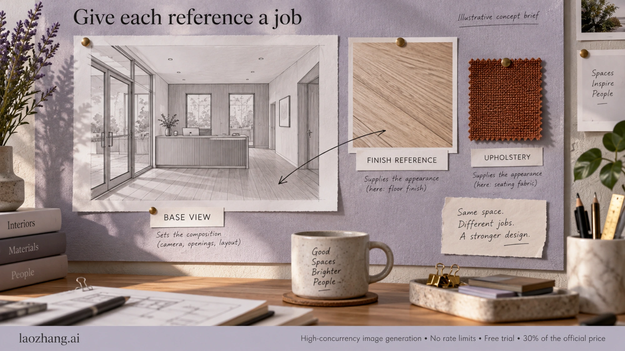 Editorial illustration of a reception-room base view beside separate finish and upholstery references