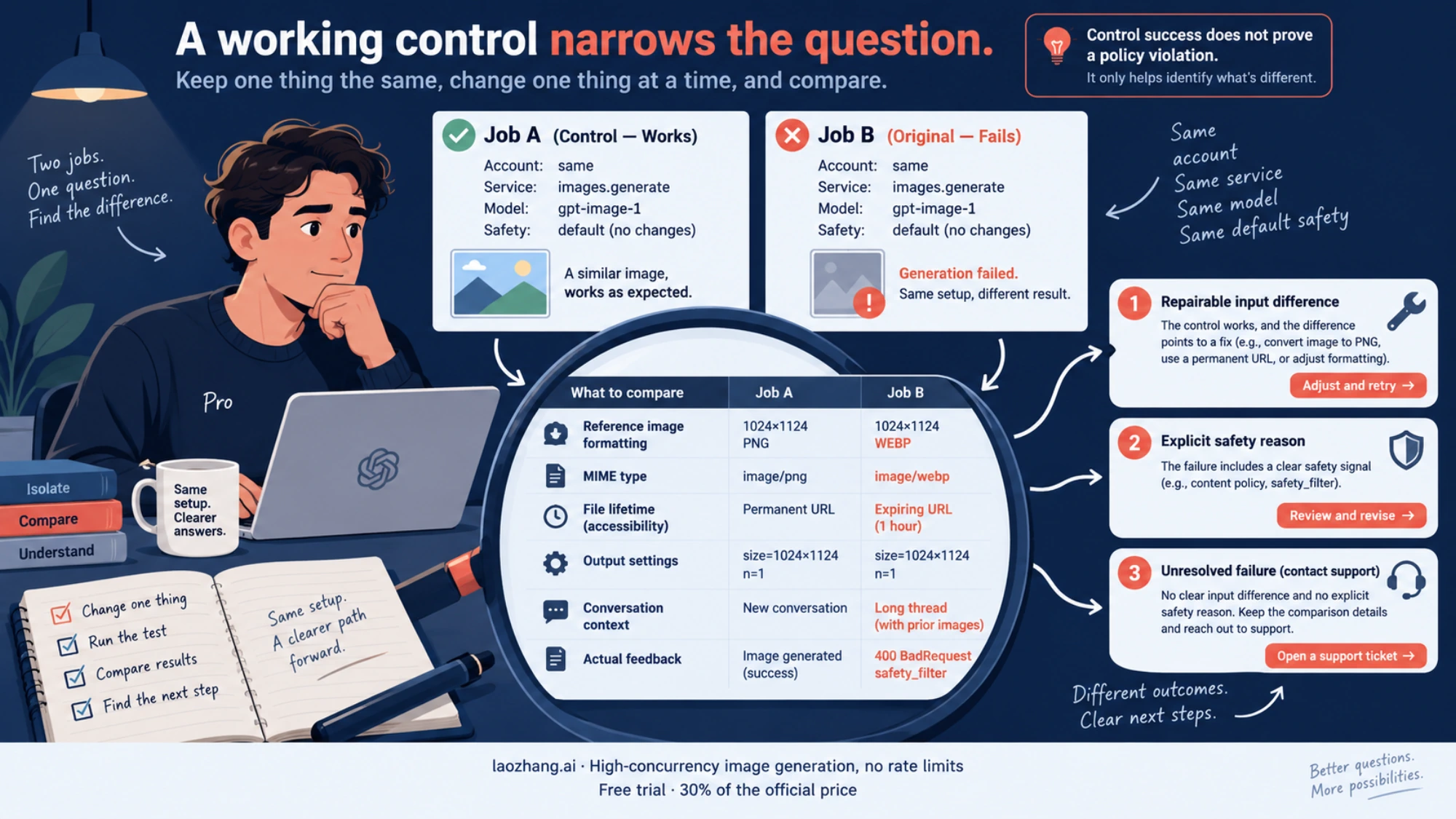 A same-route control comparison checks inputs and feedback before classifying a failure or escalating it.