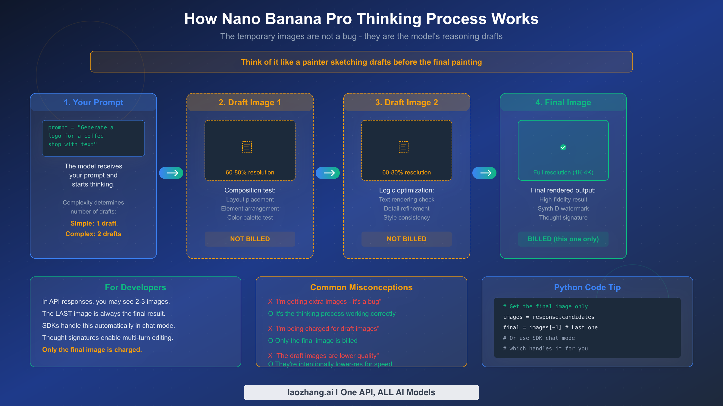 Nano Banana Pro thinking process flow showing how draft images lead to the final output