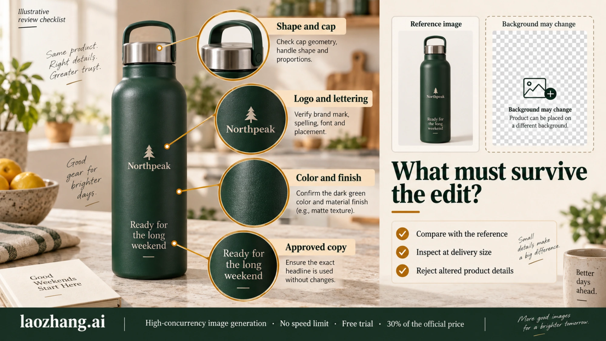 Illustrative product-edit review showing bottle shape, logo, color, and approved copy compared with a reference image