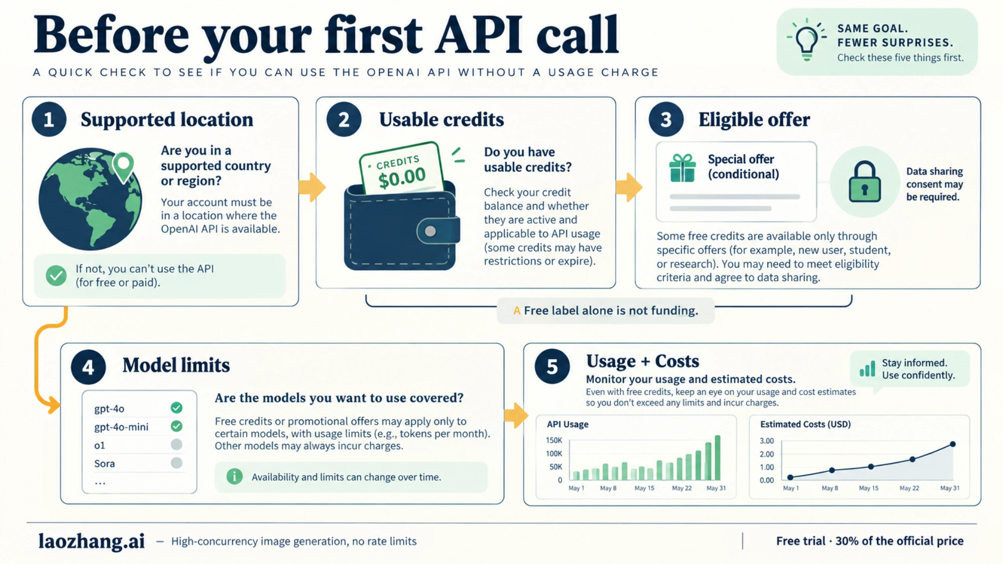 Five checks before an API call: supported location, usable credits, an eligible offer, model limits, and usage versus costs