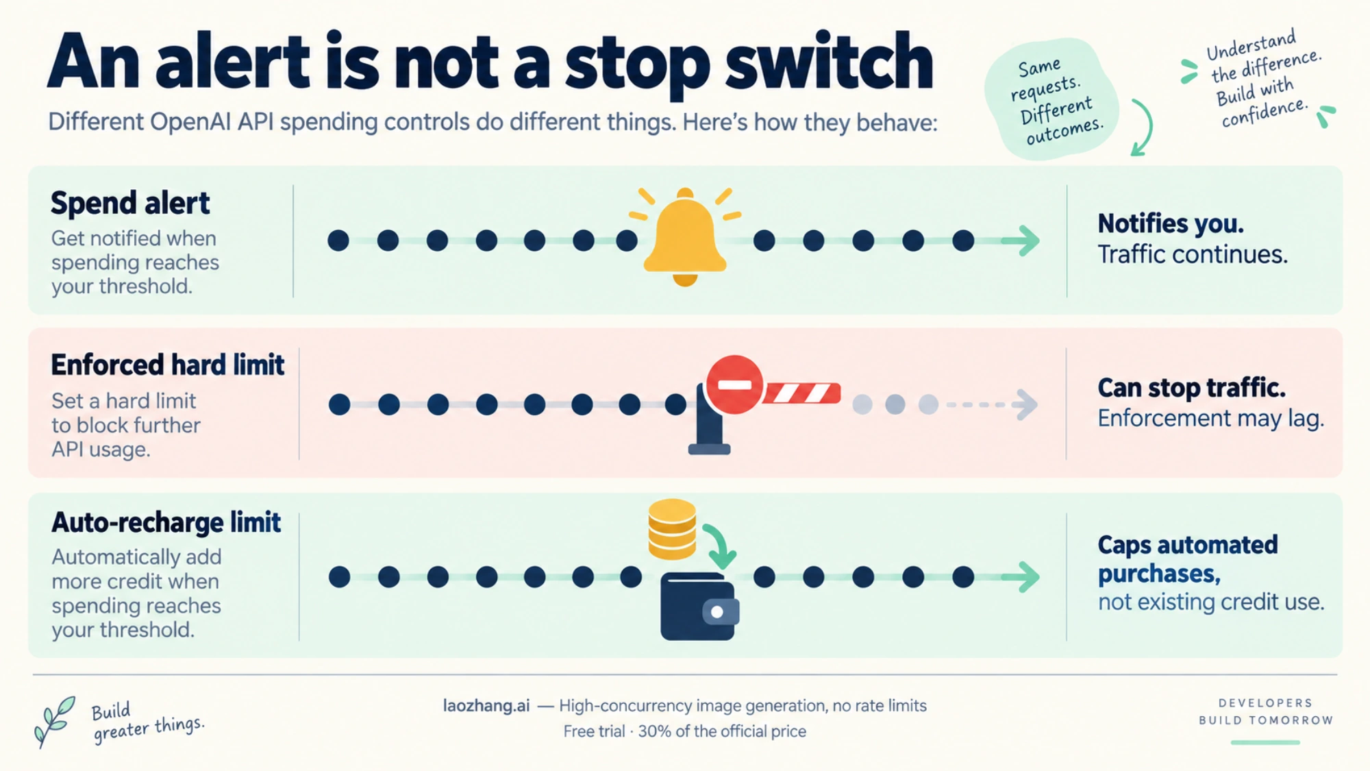 A spend alert lets traffic continue, an enforced hard limit can stop it, and an auto-recharge limit controls automated purchases