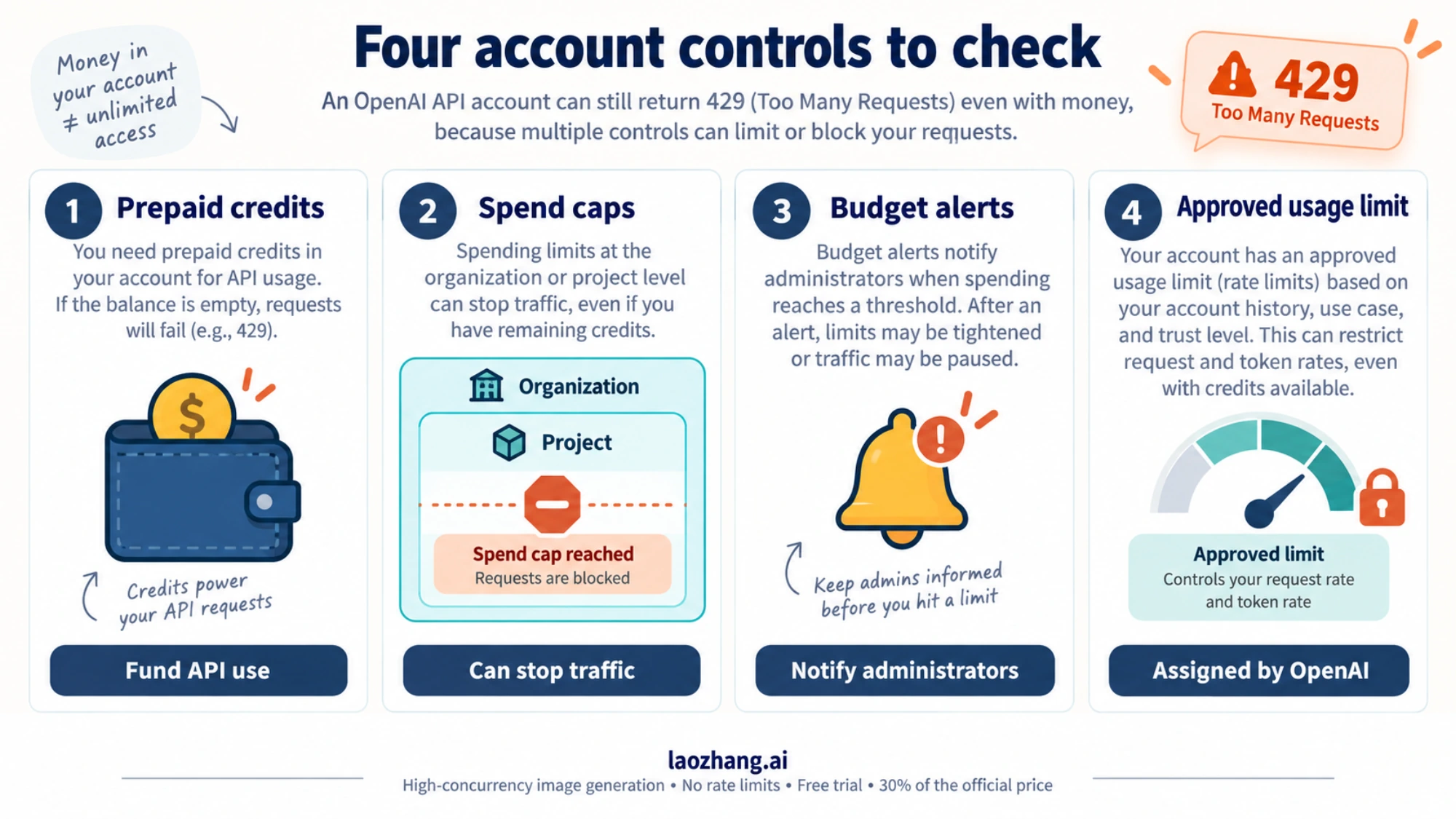 Four account controls to inspect when an API request returns 429: credits, spend caps, budget alerts, and approved usage limits.