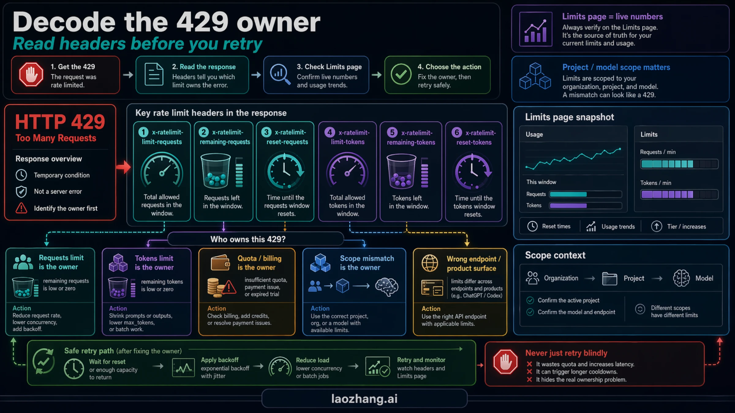 OpenAI API response-header decoder showing request limits, token limits, reset timers, and account limits as separate checks.