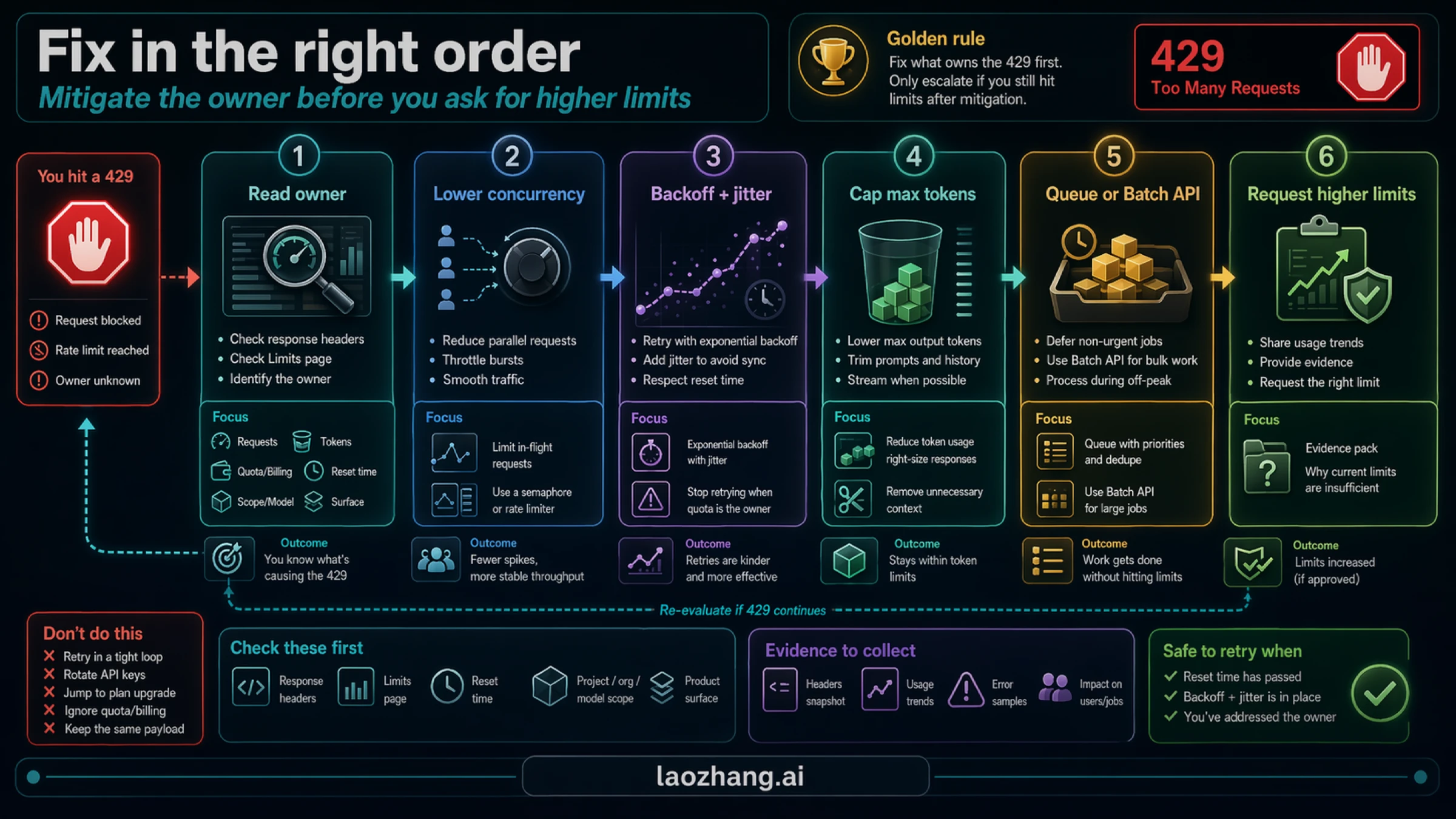 OpenAI API 429 mitigation ladder moving from owner classification through concurrency, backoff, token trimming, batch, and limit increase.