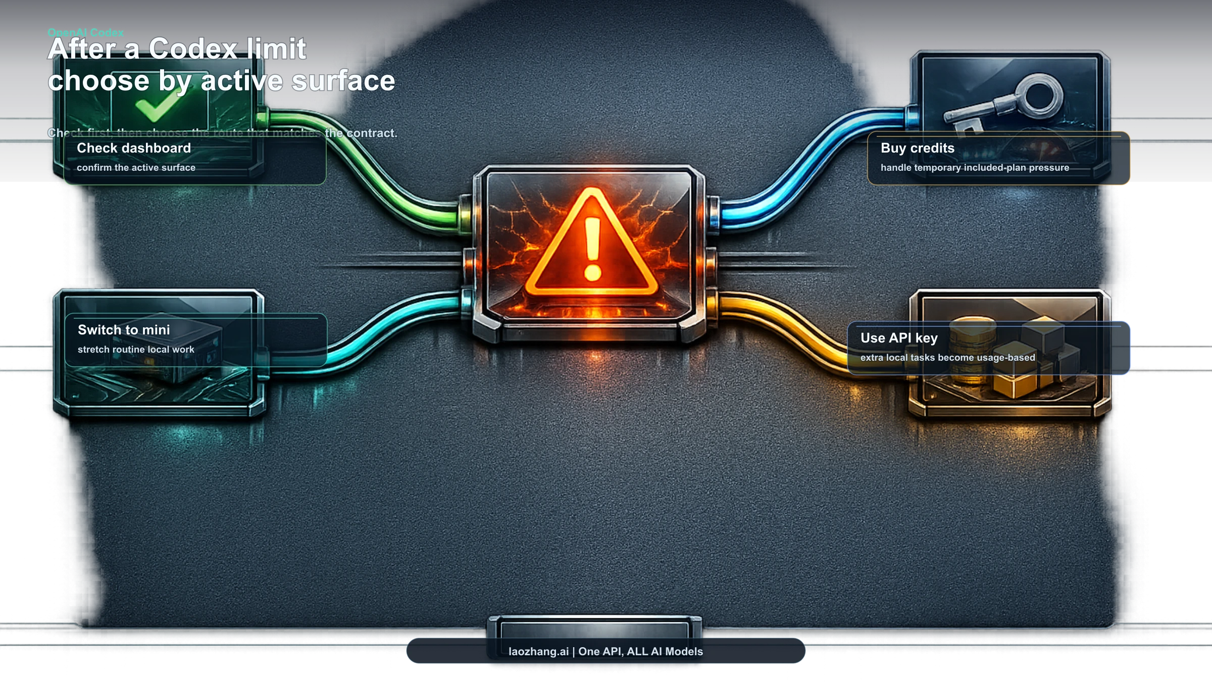 Decision board showing what to do after Codex usage limits are hit on subscriber plans, team workspaces, or API billing