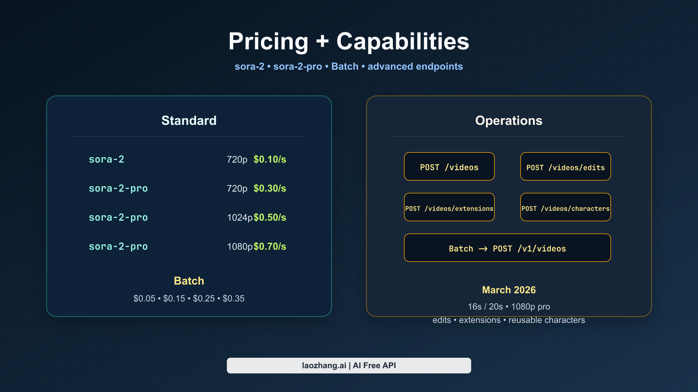 Pricing and capabilities visual comparing sora-2, sora-2-pro, batch discounts, and advanced endpoints