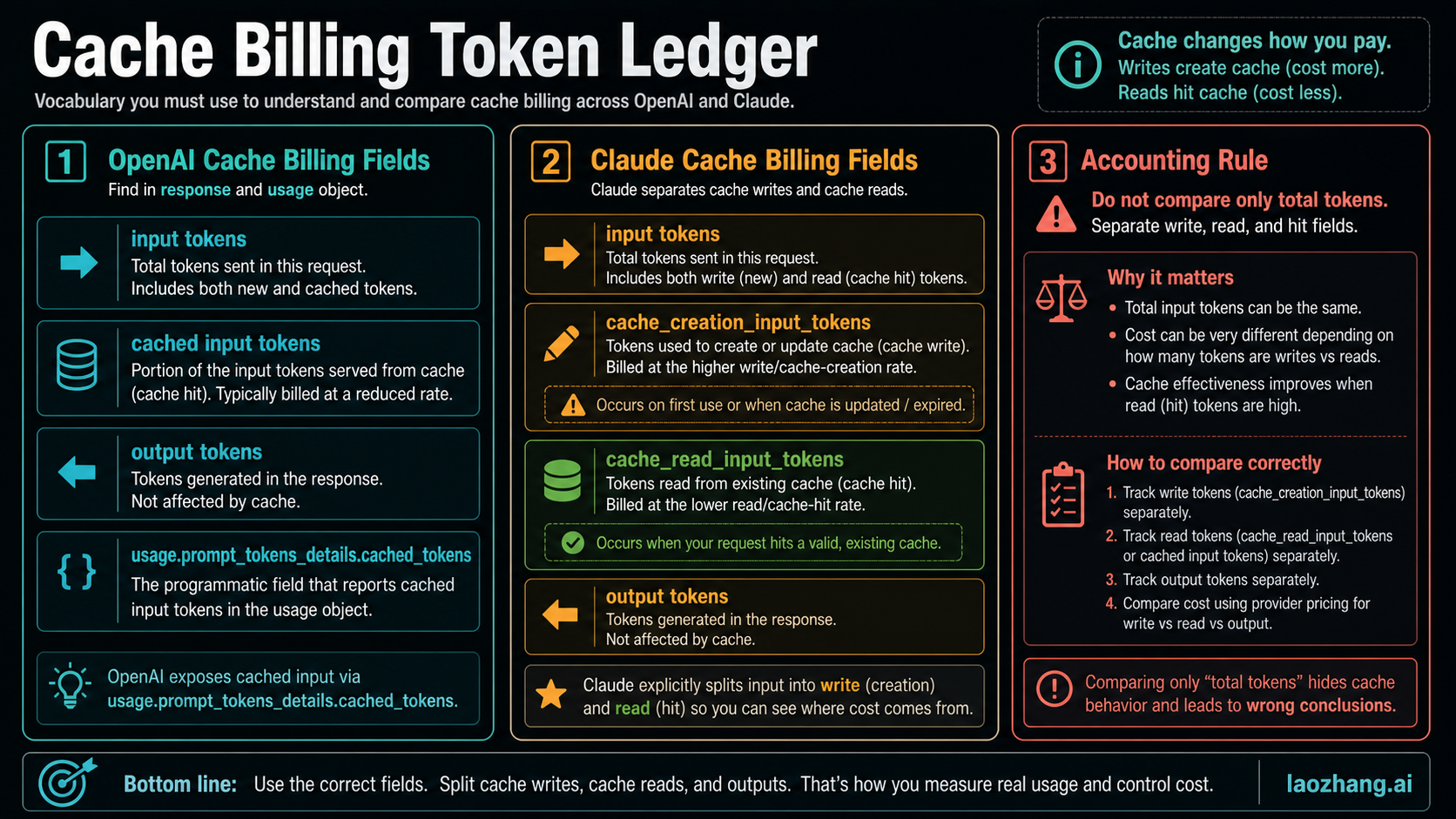 Token ledger board comparing OpenAI cached input fields with Claude cache creation and cache read fields