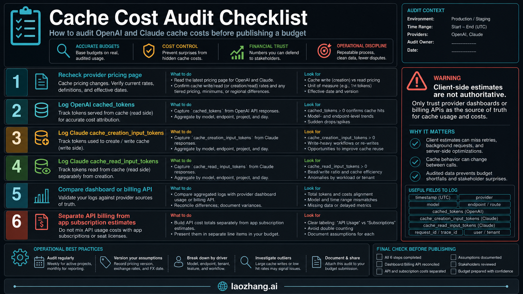 Cache cost audit checklist for OpenAI and Claude usage fields and billing verification