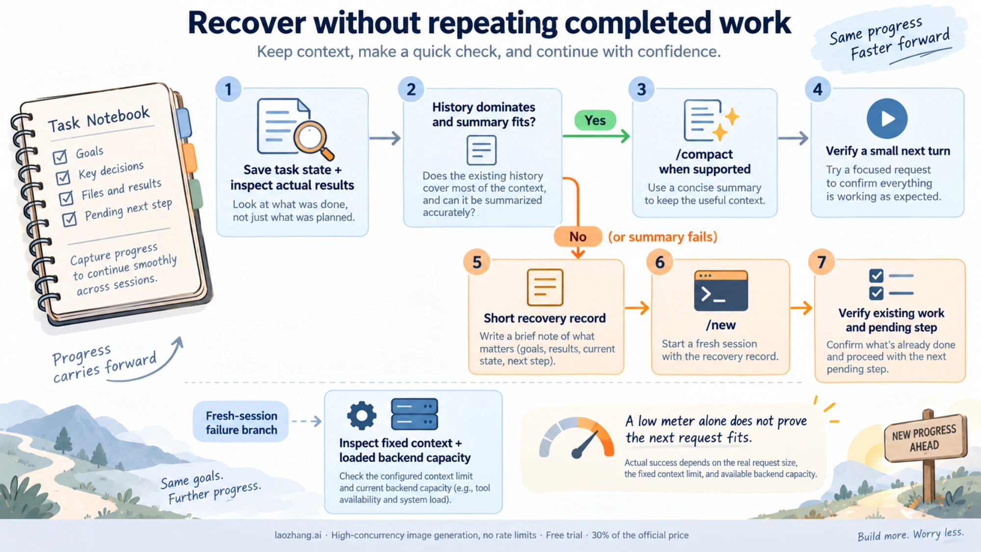 Save completed work, compact when supported, or continue a fresh session from a short record