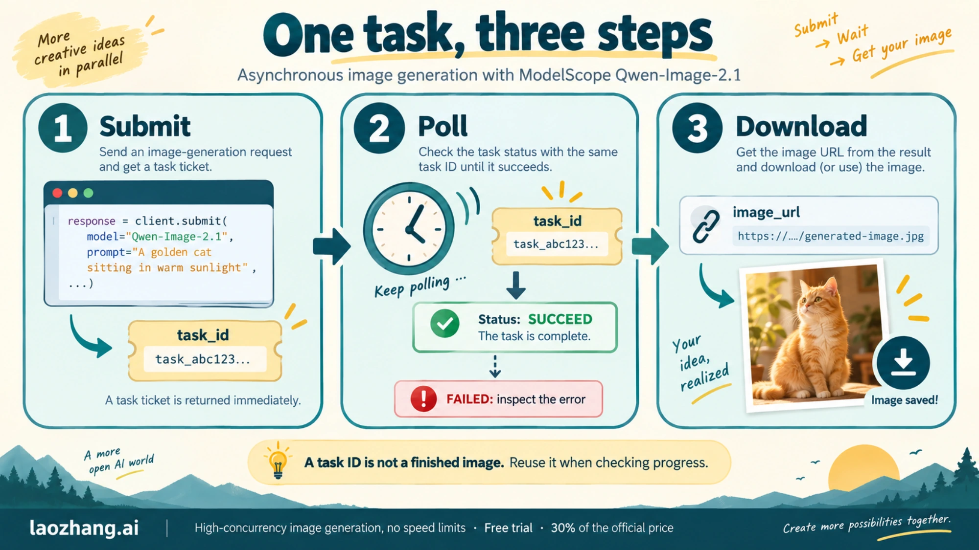 Conceptual illustration of submitting an image task, polling the same task ID, and downloading the result